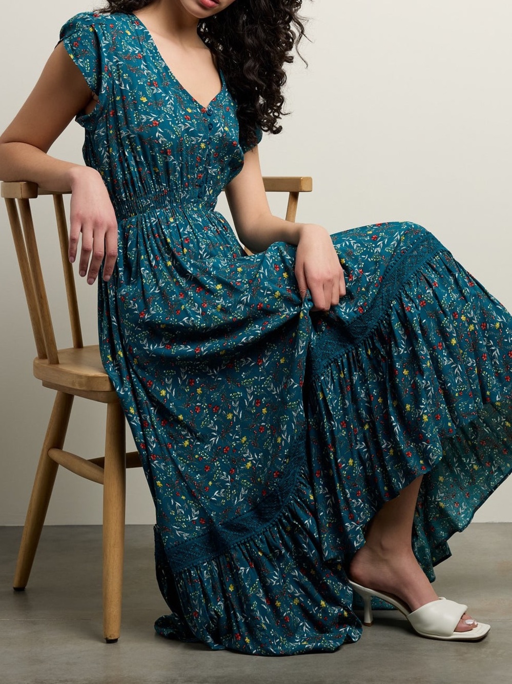 APRICOT Teal Floral V-Neck Tiered Maxi Dress